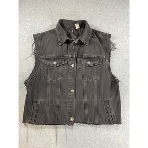 H&M Divided Black Denim Vest Frayed Raw Hem Sleeveless Trucker Jacket Small 2193